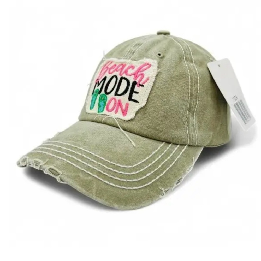 “Beach Mode On” Tan Distressed Baseball Cap Hat
